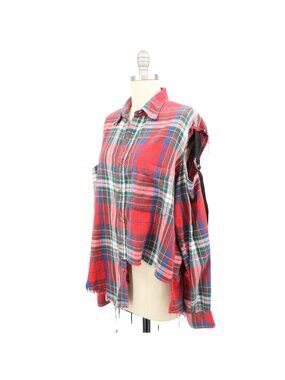 Furst of a Kind Plaid Flannel Asymmetrical Shirt Top Open Shoulders